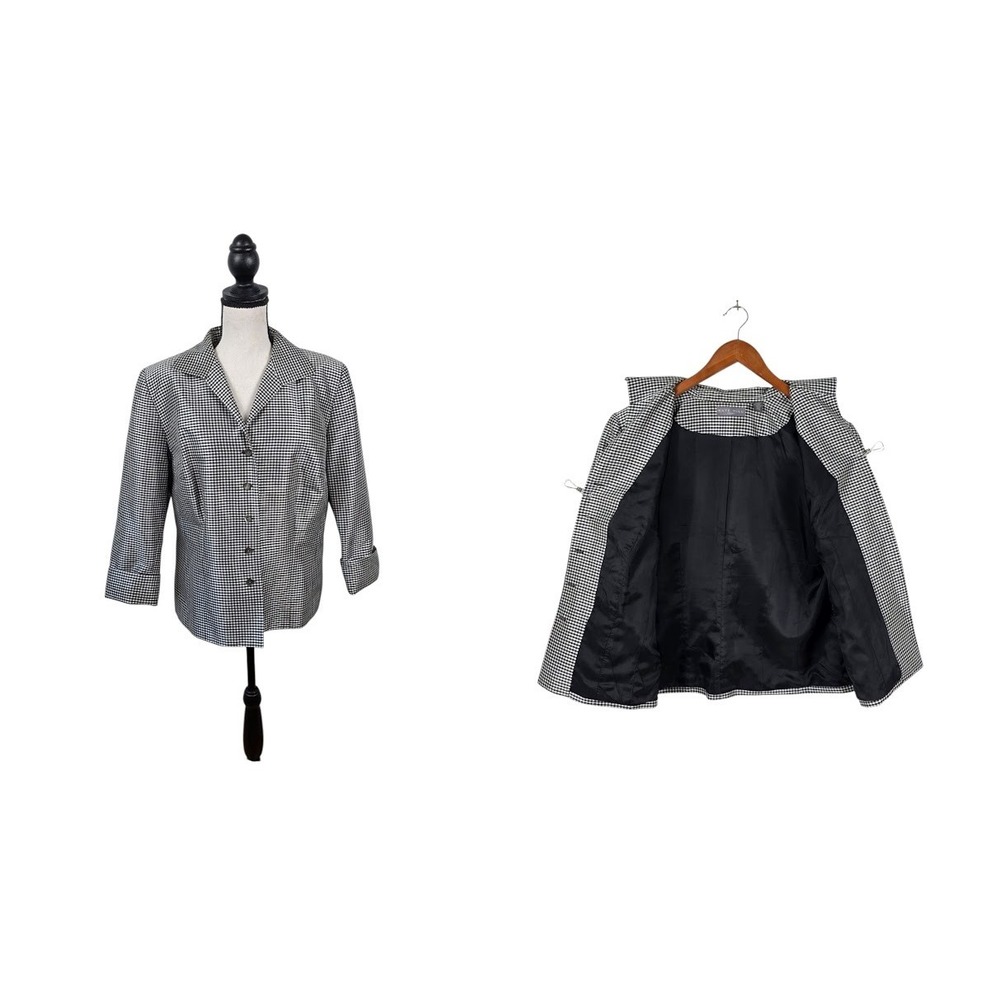 Kate Hill Silk Blazer Women 16W Black White Gingham Check Luxury Jacket
